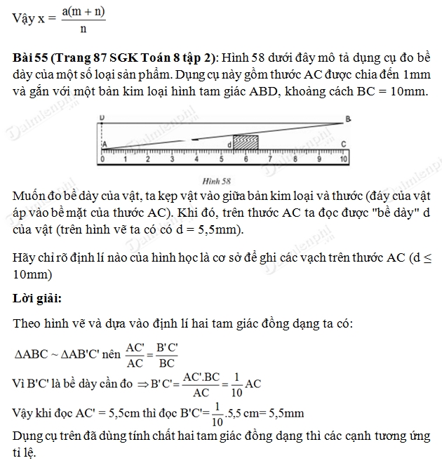 Giải toán lớp 8 Bài 53, 54, 55 trang 87 SGK Tập 2 - Ứng dụng thực tế của tam giác đồng dạng