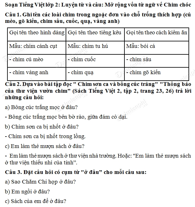 Soạn bài Luyện từ và câu: Mở rộng vốn từ ngữ về Chim chóc, Tiếng Việt lớp 2