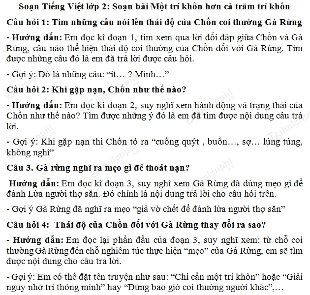 Soạn Tiếng Việt lớp 2 - Một trí khôn hơn cả trăm trí khôn, tập đọc