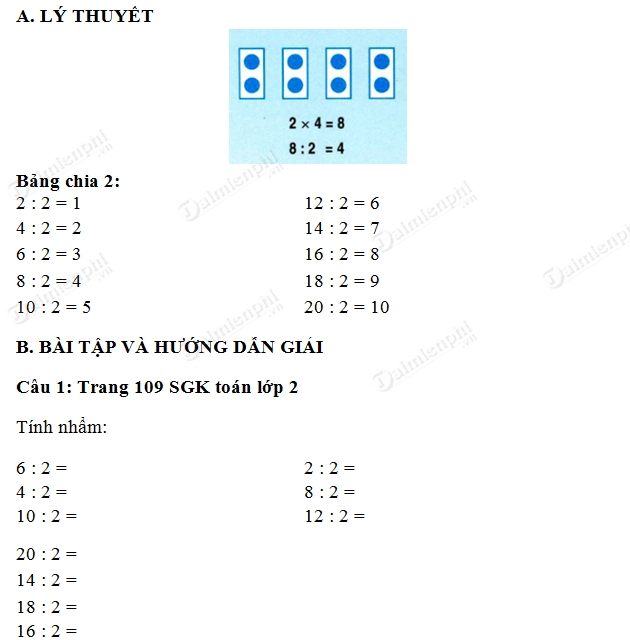 Giải bài tập trang 109 SGK toán 2