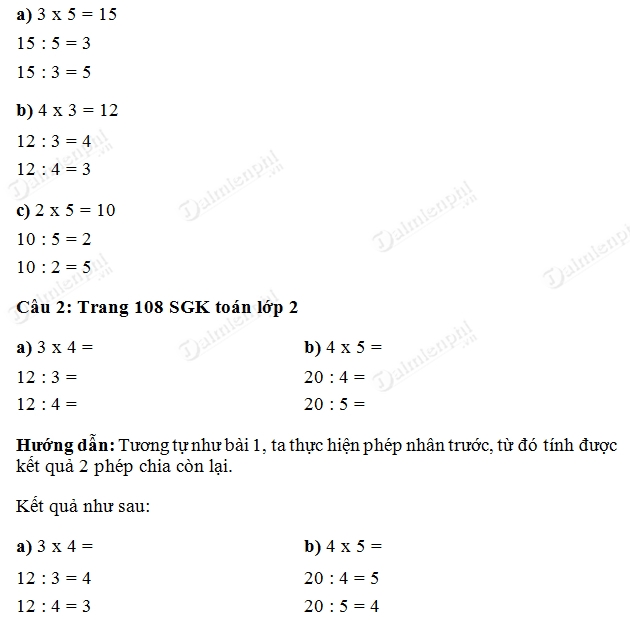 Giải bài tập trang 107, 108 SGK toán 2 Bài 1, 2 - Phép chia