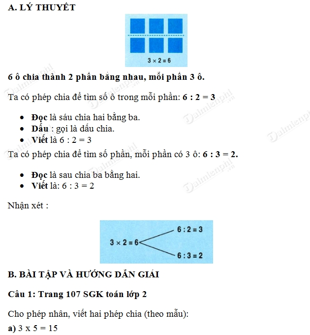 Giải bài tập trang 107, 108 SGK toán 2 Bài 1, 2 - Phép chia