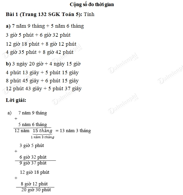 Giải toán lớp 5  Bài 1, 2 trang 132 SGK- Cộng số đo thời gian