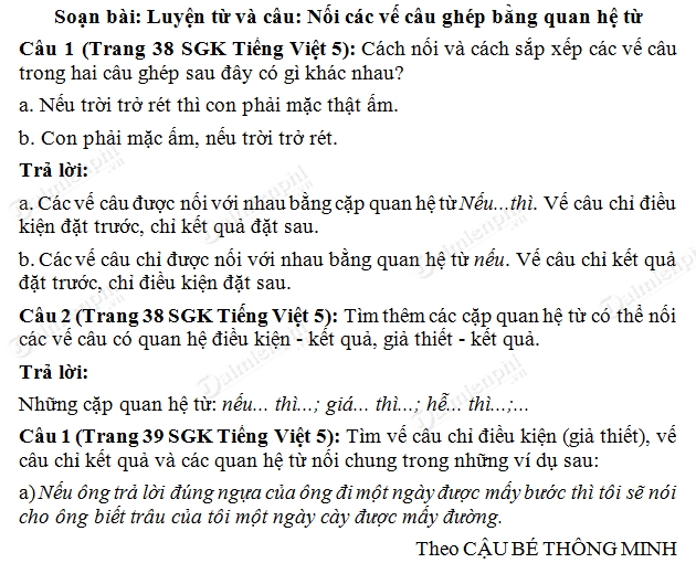Soạn Tiếng Việt lớp 5 - Luyện từ và câu: Soạn bài Nối các vế câu ghép bằng quan hệ từ tiết 3