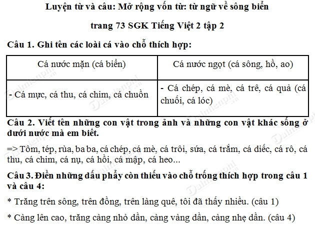 Soạn Tiếng Việt lớp 2 - Mở rộng vốn từ về sông biển tiếp theo, Luyện từ và câu