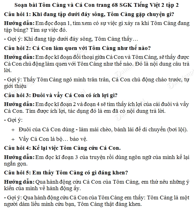 Soạn Tiếng Việt lớp 2 - Tôm Càng và Cá Con