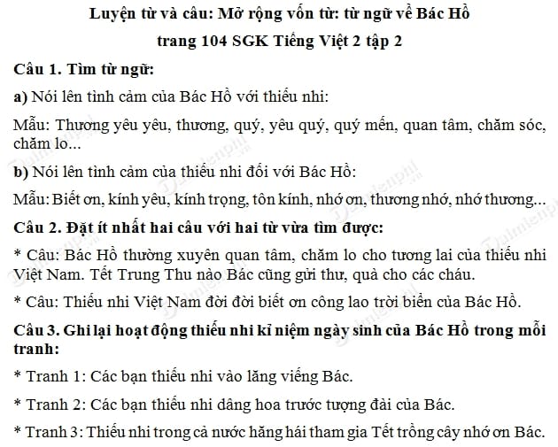 Soạn bài Mở rộng vốn từ về Bác Hồ, câu 1, 2, 3 trang 104 SGK Tiếng Việt 2 tập 2