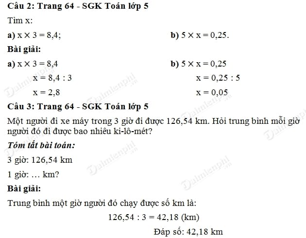 Giải bài tập trang 64 SGK toán 5