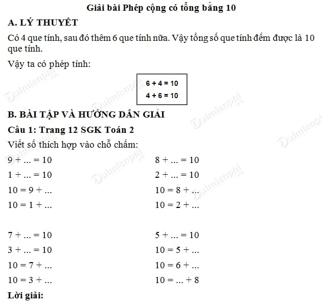 giai toan lop 2 phep cong co tong bang 10