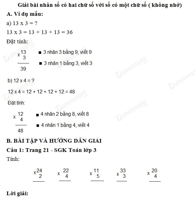 Giải bài tập trang 21 SGK toán 3