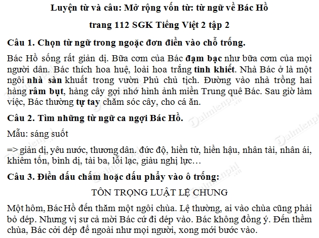 Soạn Tiếng Việt lớp 2 - Mở rộng vốn từ ngữ về Bác Hồ tiếp theo câu 1-3 trang 112 sgk tập 2