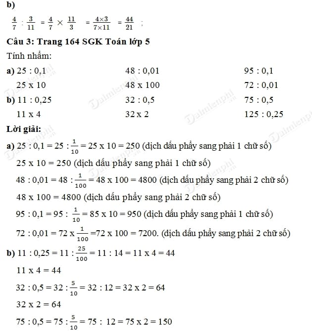Giải toán lớp 5 Bài 1, 2, 3, 4 trang 163, 164 SGK- Phép chia