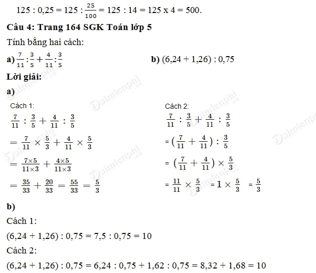 Giải toán lớp 5 Bài 1, 2, 3, 4 trang 163, 164 SGK- Phép chia