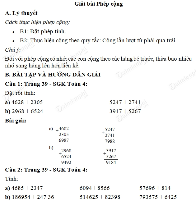 Giải bài tập trang 39 SGK toán 4