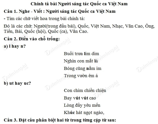 Soạn Tiếng Việt lớp 3 - Chính tả Người sáng tác Quốc ca Việt Nam, nghe và viết