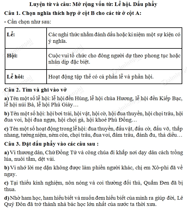 Soạn Tiếng Việt lớp 3 - Luyện từ và câu Mở rộng vốn từ Lễ hội, Dấu phẩy câu 1-3 trang 70 sgk tập 2