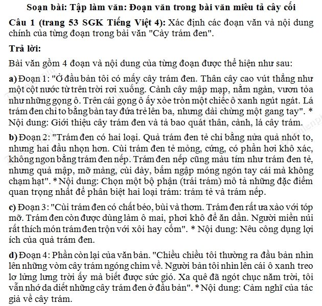 Soạn Tiếng Việt lớp 4 - Tập làm văn Đoạn văn trong bài văn miêu tả cây cối, trang 52 SGK