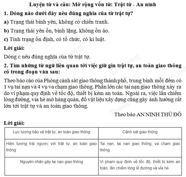 Soạn Tiếng Việt lớp 5 - Mở rộng vốn từ Trật tự An ninh, Luyện từ và câu