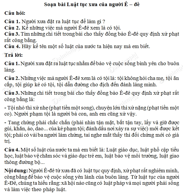 Soạn Tiếng Việt lớp 5 - Luật tục xưa của người Ê-đê, Tập đọc trang 56 SGK