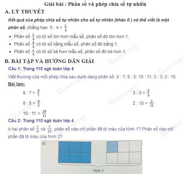giai toan 4 trang 110 sgk phan so va phep chia so tu nhien