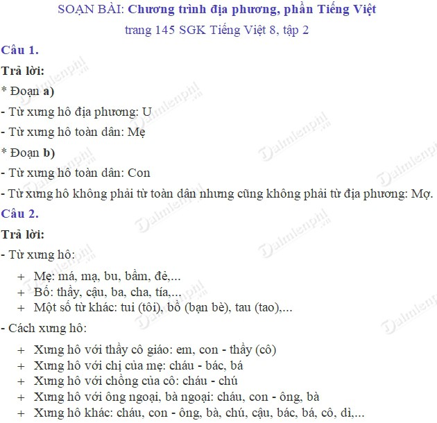 soan bai chuong trinh dia phuong phan tieng viet trang 145 sgk ngu van 8 tap 2 soan van lop 8