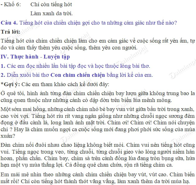 Soạn bài Tập đọc: Con chim chiền chiện trang 148 SGK Tiếng Việt 4