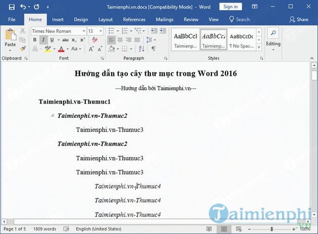 Hướng dẫn tạo cây thư mục trong Word 2016
