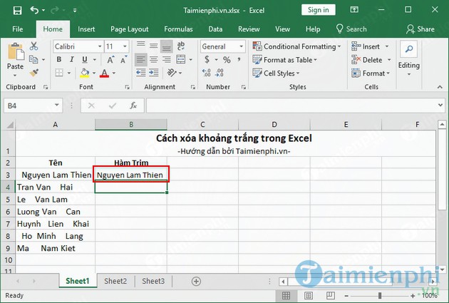 Cách xóa khoảng trắng trong Excel
