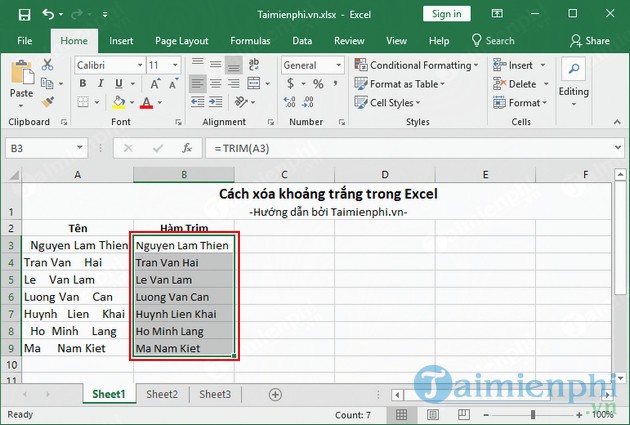 Cách xóa khoảng trắng trong Excel