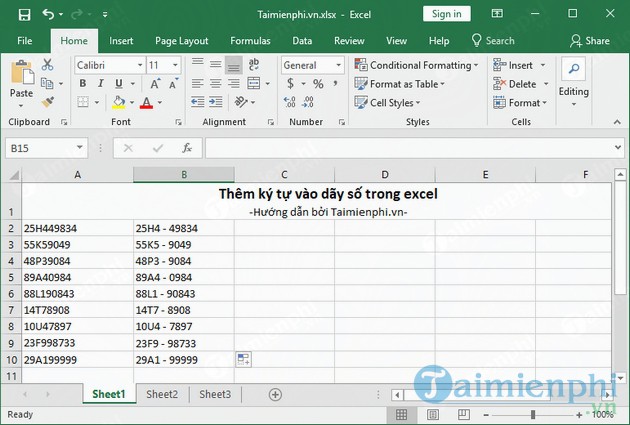 Thêm ký tự vào dãy số trong Excel