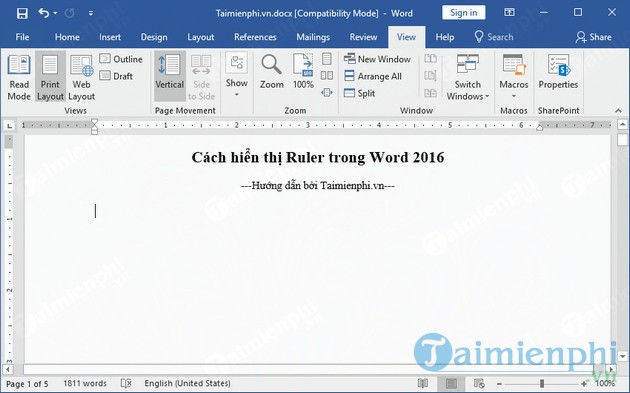 Cách hiển thị Ruler trong Word 2016