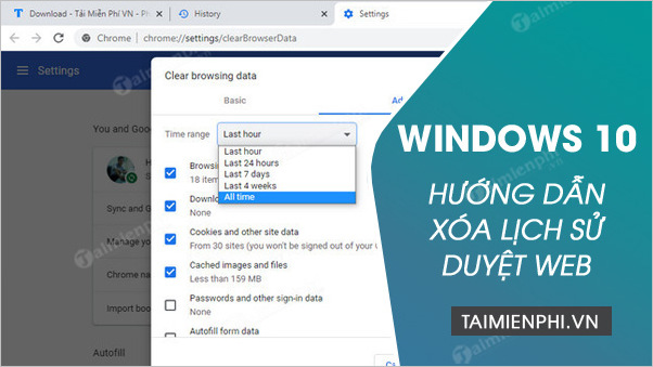 xoa lich su duyet web win 10