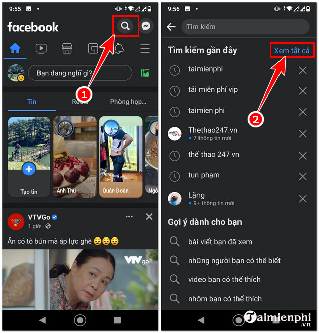 xoa lich su tim kiem facebook tren smartphone
