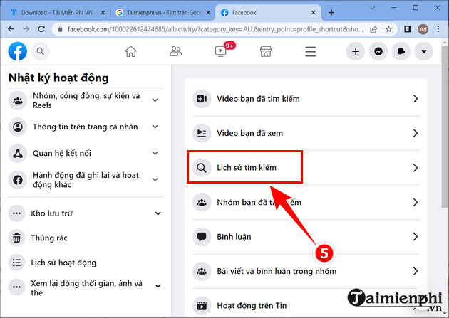 xoa lich su tim kiem facebook