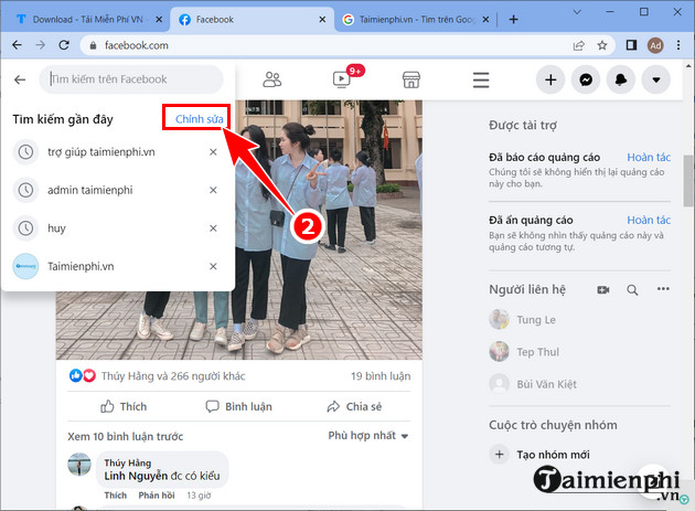 xoa lich su tim kiem facebook tren may tinh