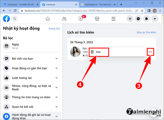 xoa lich su tim kiem facebook tren iphone