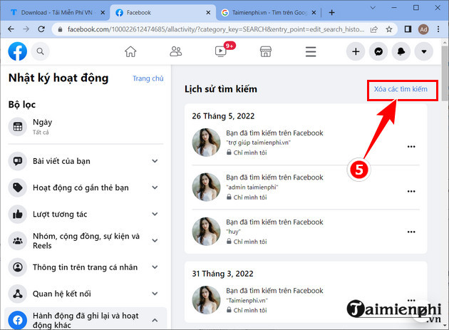 xoa lich su tim kiem tren facebook 4
