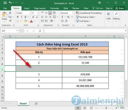 Cách thêm hàng trong Excel 2013