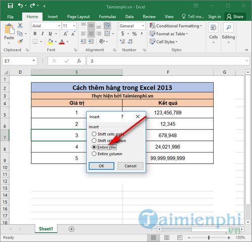 Cách thêm hàng trong Excel 2013