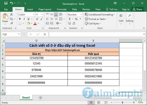 Các cách viết số 0 ở đầu dãy số trong Excel