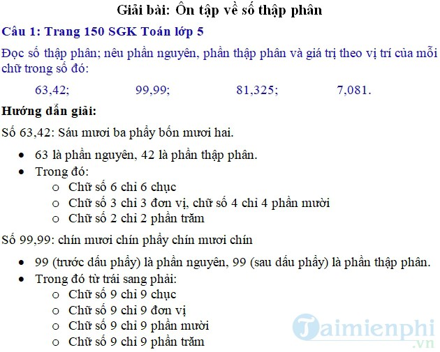 giai bai tap toan 5 trang 150 151 sgk on tap ve so thap phan