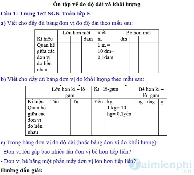 giai bai tap toan 5 trang 152 153 sgk on tap ve do do dai va khoi luong