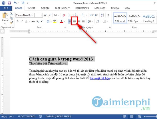 cach can giua o trong word 2013 3