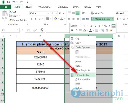 Hiện dấu phẩy phân cách hàng nghìn trong Excel 2013