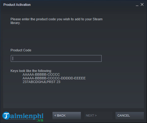 Bước 3: Nhập CDKey game Steam vào mục Product Code