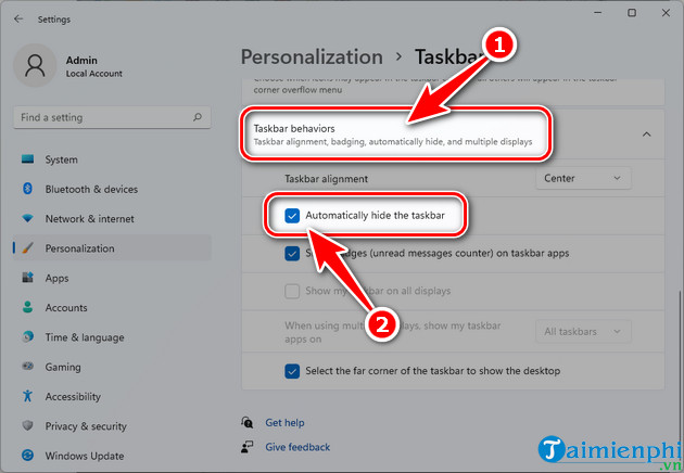 cach an hien thanh taskbar tren windows 11 tai Taskbar behaviors