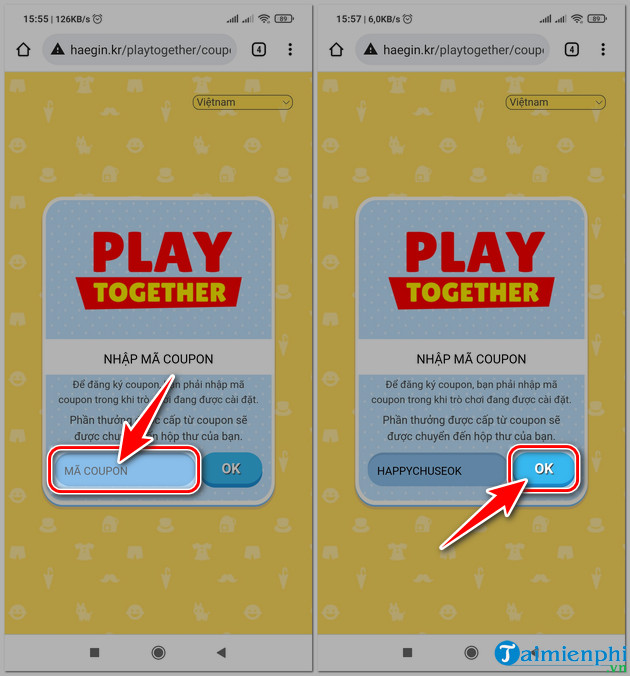 Nhập mã để chơi cùng nhau trên trang web.