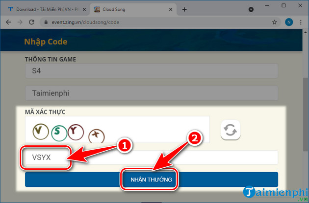 huong dan nhan va nhap code cloud song van thanh chi ca vng