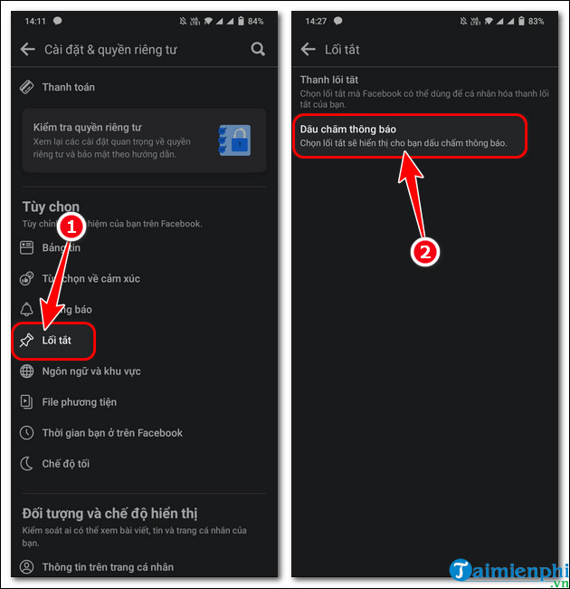 cach bat tat dau cham tren facebook iOS