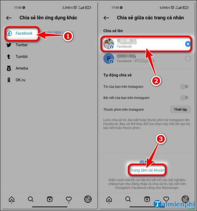 cach huy lien ket instagram voi facebook tren dien thoai